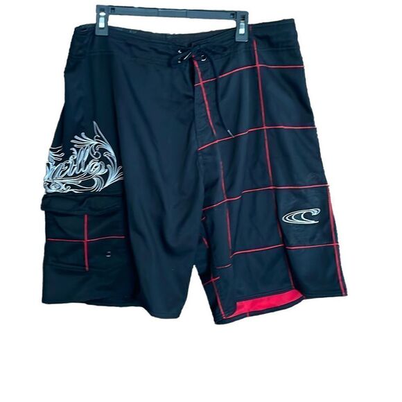 O’Neill Shorts Black Red Square Block Design 36W - Picture 1 of 10